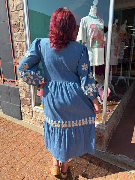 Washed Denim Long Dress w/ Embroidered Floral Details
