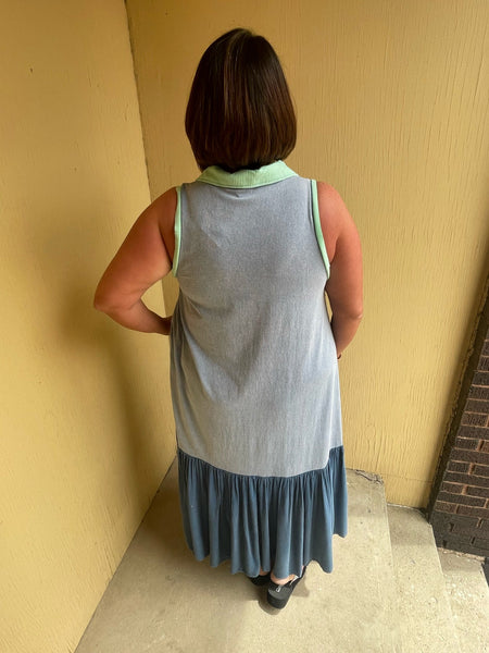 Blue Washed Fabric Mixed Sleeveless Maxi Dress