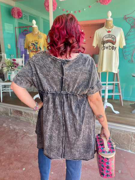 Ashed Black Mineral Wash Boho Flowy Tunic Blouse
