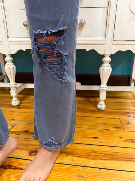 Acid Washed High Waist Distressed Straight Pants Blackberry