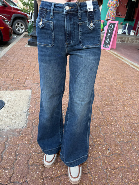Judy Blue HW Lux Retro Wide w/ Front Patch Tab Closure Dk Retro Fade Indigo Jeans