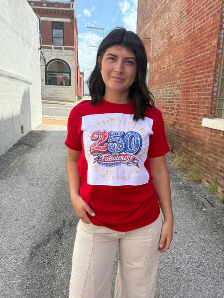 250 White Tee Patch on Red Crew Tee