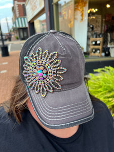 XL Glass Silver AB Crystal Flower Two Tone High Contrast Ball Cap charcoal/black gunmetal/ab