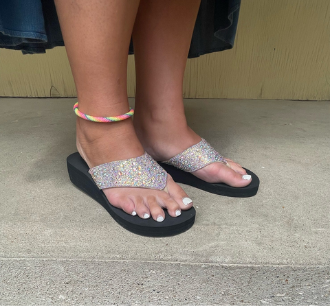 Corkys Long Time No Sea Clear Rhinestone Wedge Flip Flops