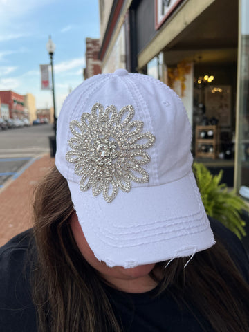 XL Glass Crystal Flower Distressed Baseball Cap w/ Matching Leather Buckle white silver/clear