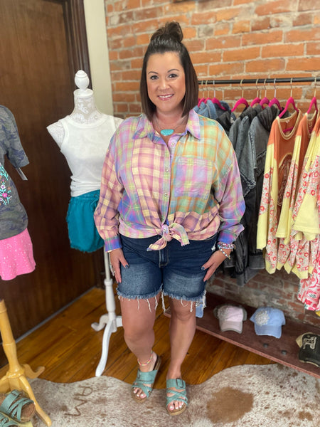 Blush Multicolor Vintage Plaid Block Bleached Shirt