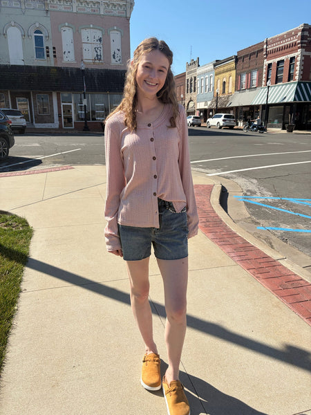 Violet Rose Shimmery Button Down Thermal Top