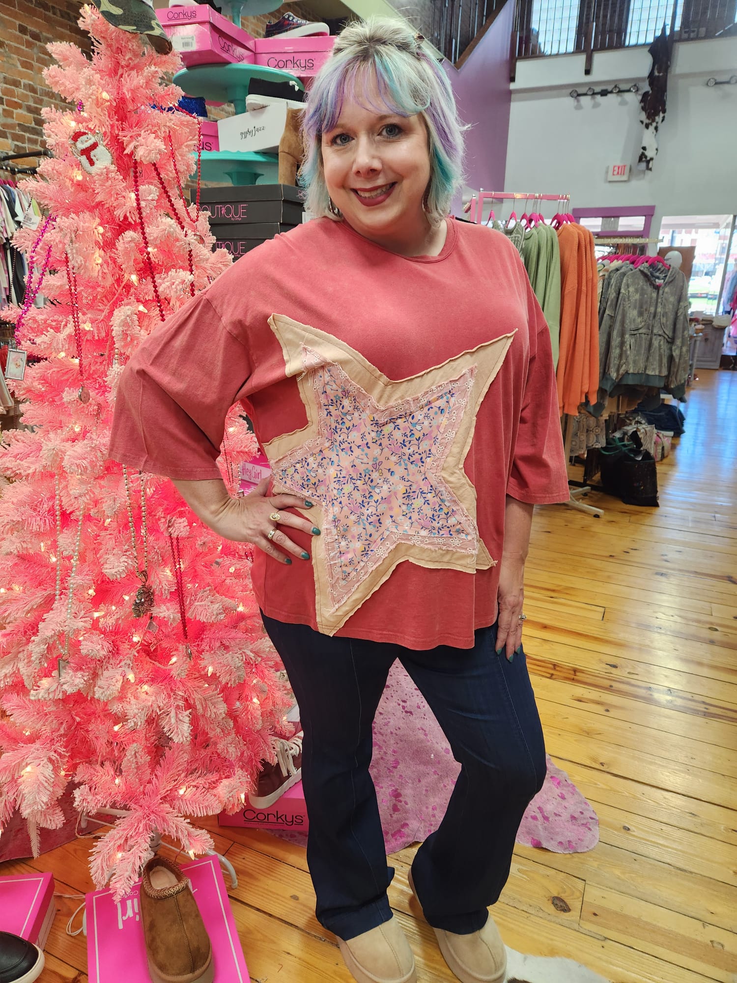 Raspberry Half Sleeve Star Patch Top Plus Size