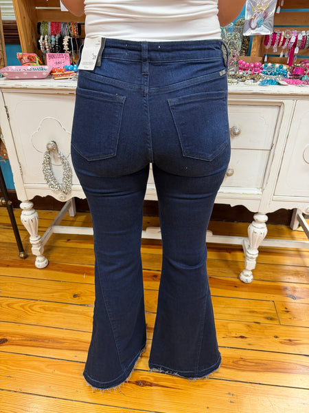 KanCan High Rise Dark Denim Flare Jean w/ Slit