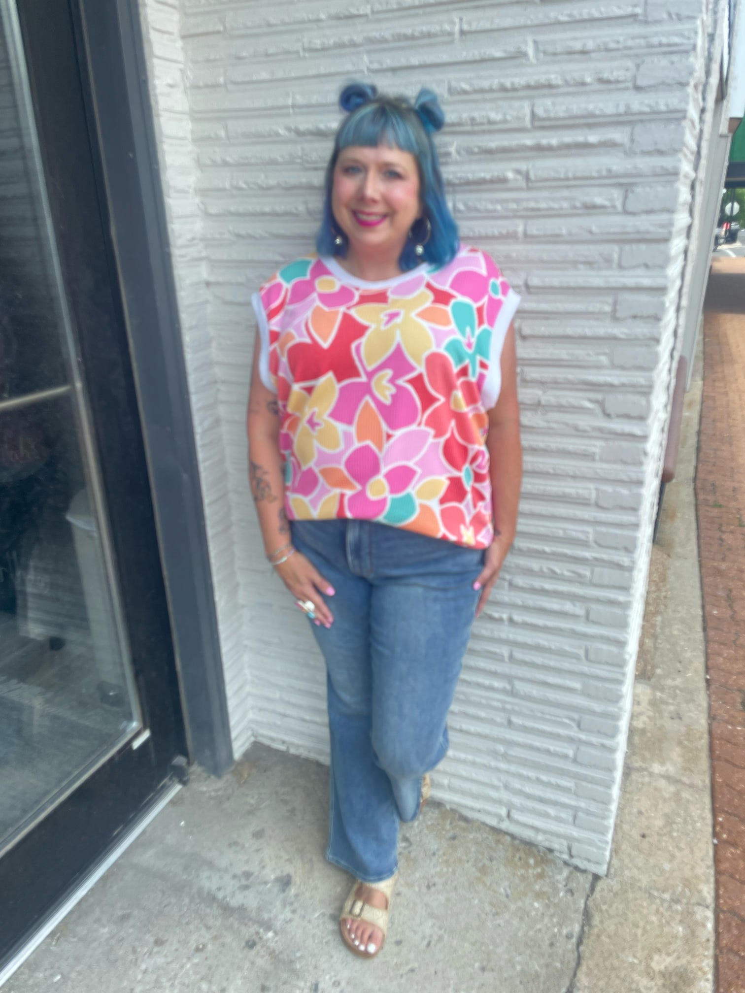 Pink Plus Size Round Neck Bright Floral Dolman Short Sleeve Top