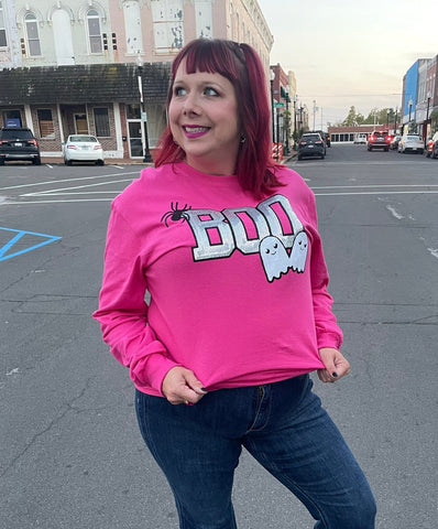 Sequin Boo w/ Ghosts/Spiders on Pink Long Sleeve Tee