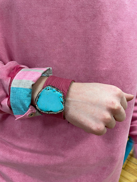 Pink Tooled Leather w/ Large Turquoise Slab Wristlet