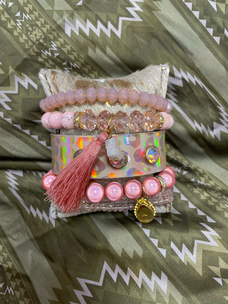 Light Pink Bracelet Stack w/ Charms, Leather Cuff & Bling on HOH Pillow