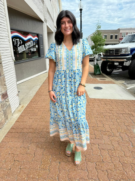 Blue V Neck Baby Doll Flutter Sleeve Floral Print Dress