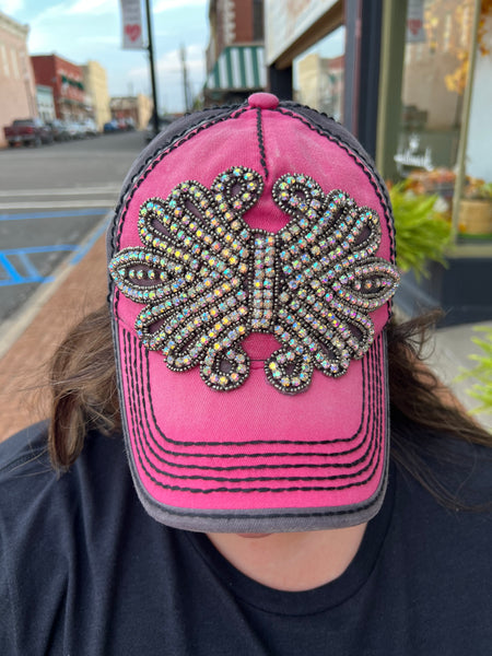 XL Bling Winged Fleurdelis High Contrast Cap fuchsia/charcoal gunmetal/ab