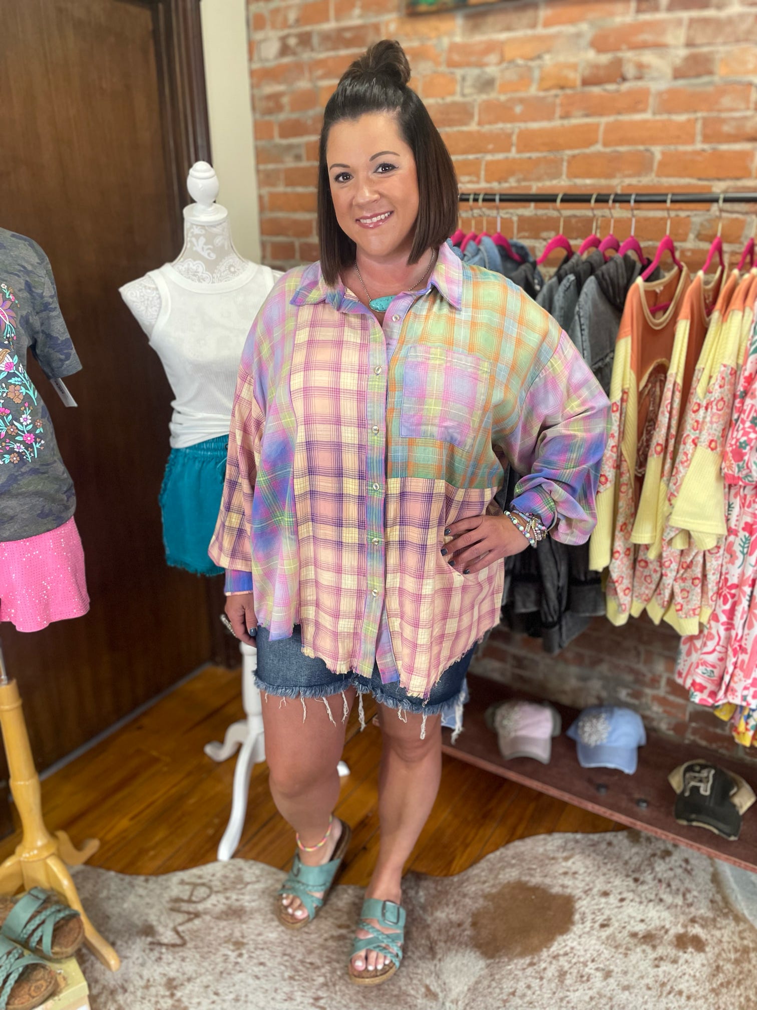 Blush Multicolor Vintage Plaid Block Bleached Shirt
