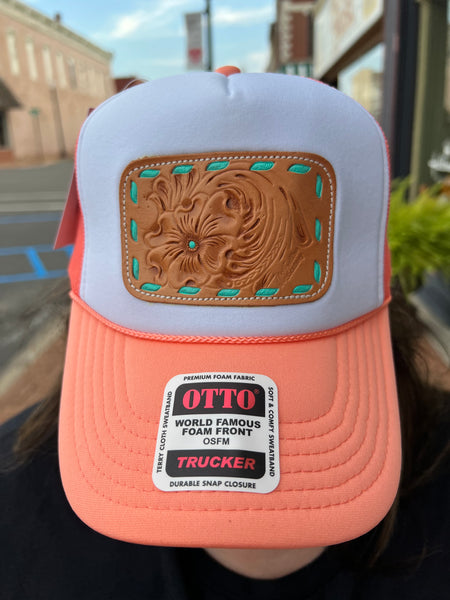 White/Coral Foam Trucker Natural Tool Turquoise Buckstitch