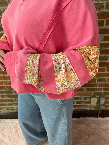 LS Bubble Gum Mineral Washed Top w/ Vintage Floral Fabric Details