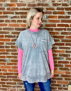 Silver Grey Mineral Wash Cap Sleeve Pocket Top