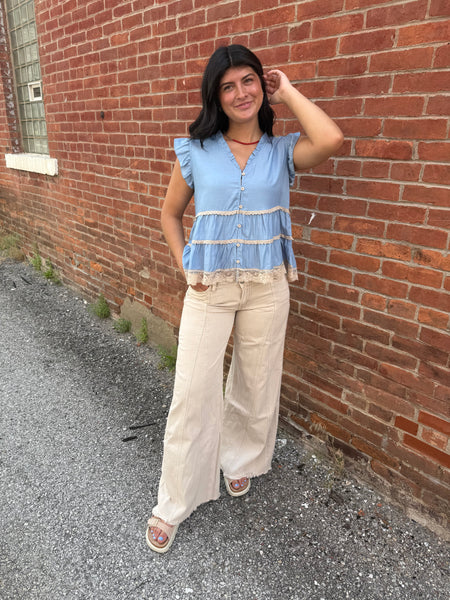 Mesmerize Khaki V Shape Low Rise Baggy Wide w/ Cut Seam Detail Pants