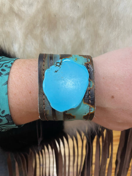 Leather Cuff w/ Turquoise Print & Turquoise Stone
