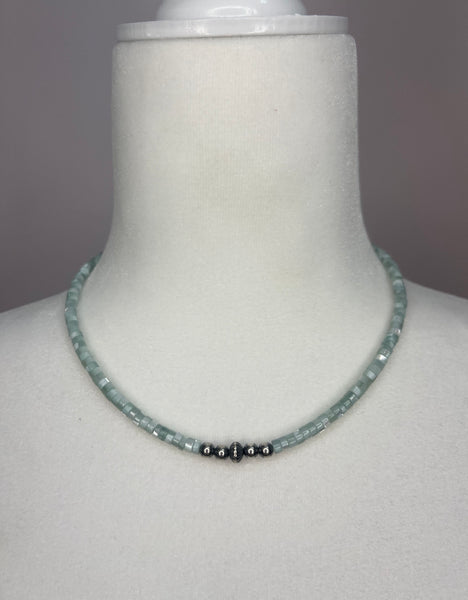 Blue Shell Heishi Choker w/ Sterling Silver Pearls