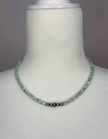 Blue Shell Heishi Choker w/ Sterling Silver Pearls