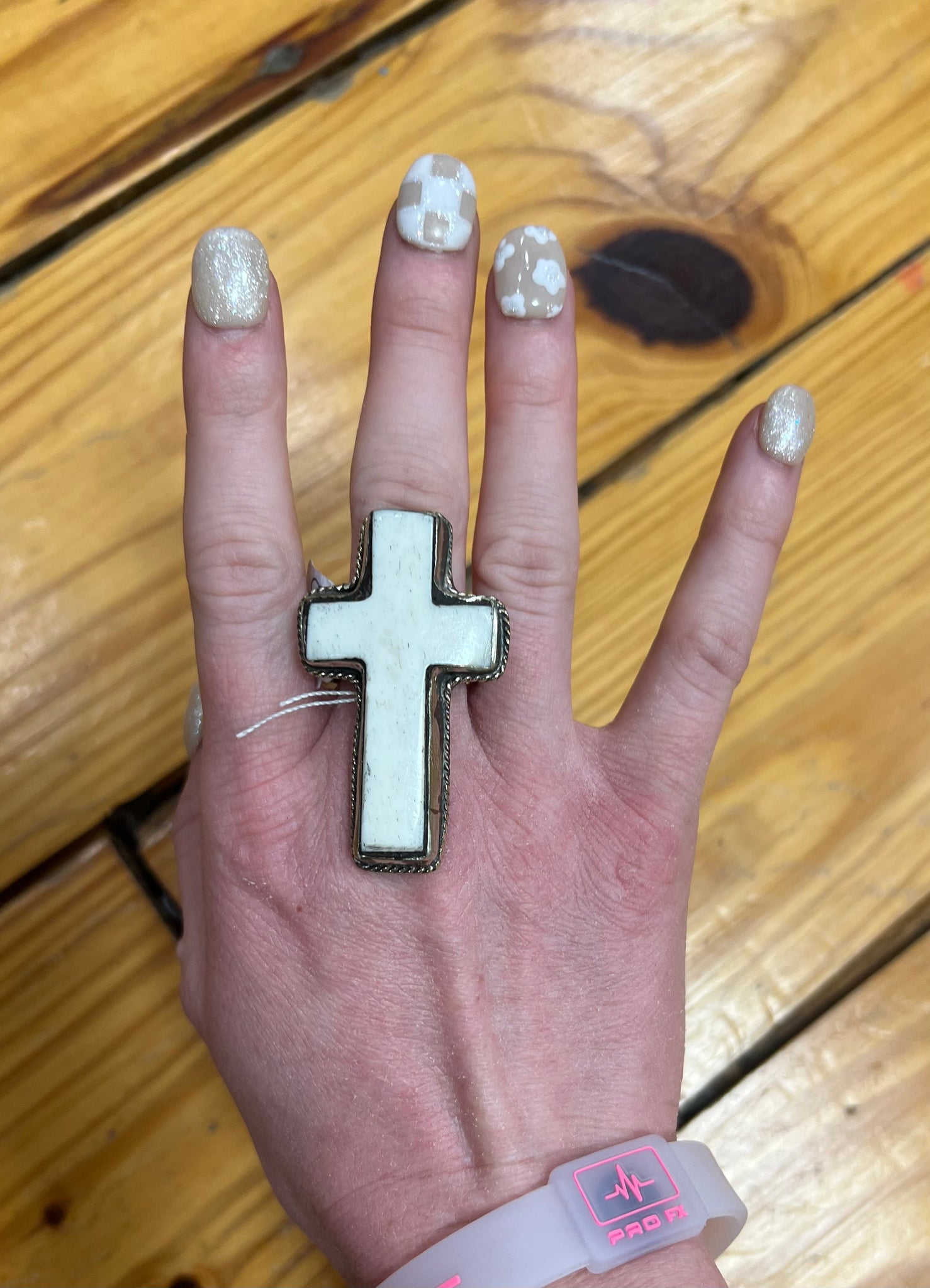 Carved Bone Cross Ring