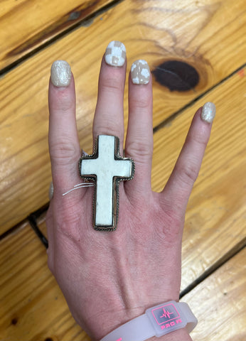 Carved Bone Cross Ring