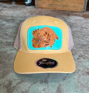 Yellow Pony Cap Floral Turquoise Background