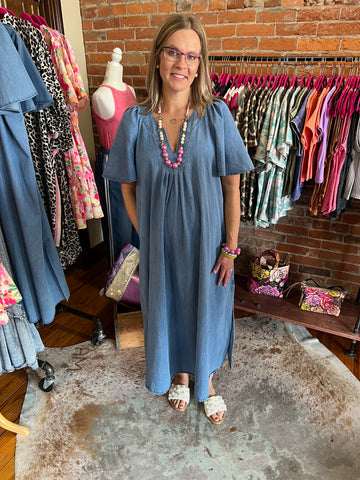 Washed Denim Wing Sleeves V-Neck Dress