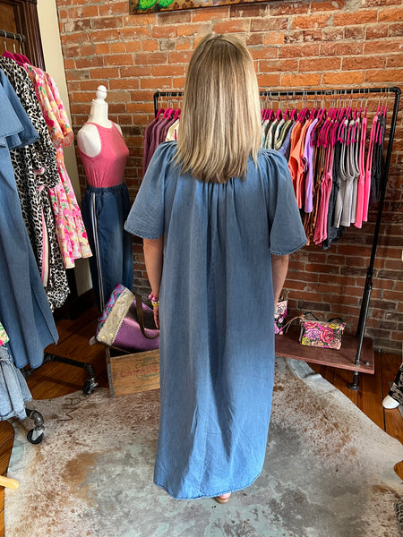 Washed Denim Wing Sleeves V-Neck Dress