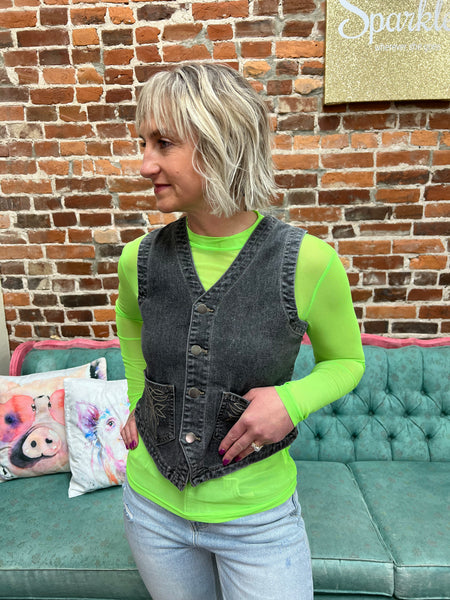Ash Black Denim Vest w/ Boot Stitch Pockets