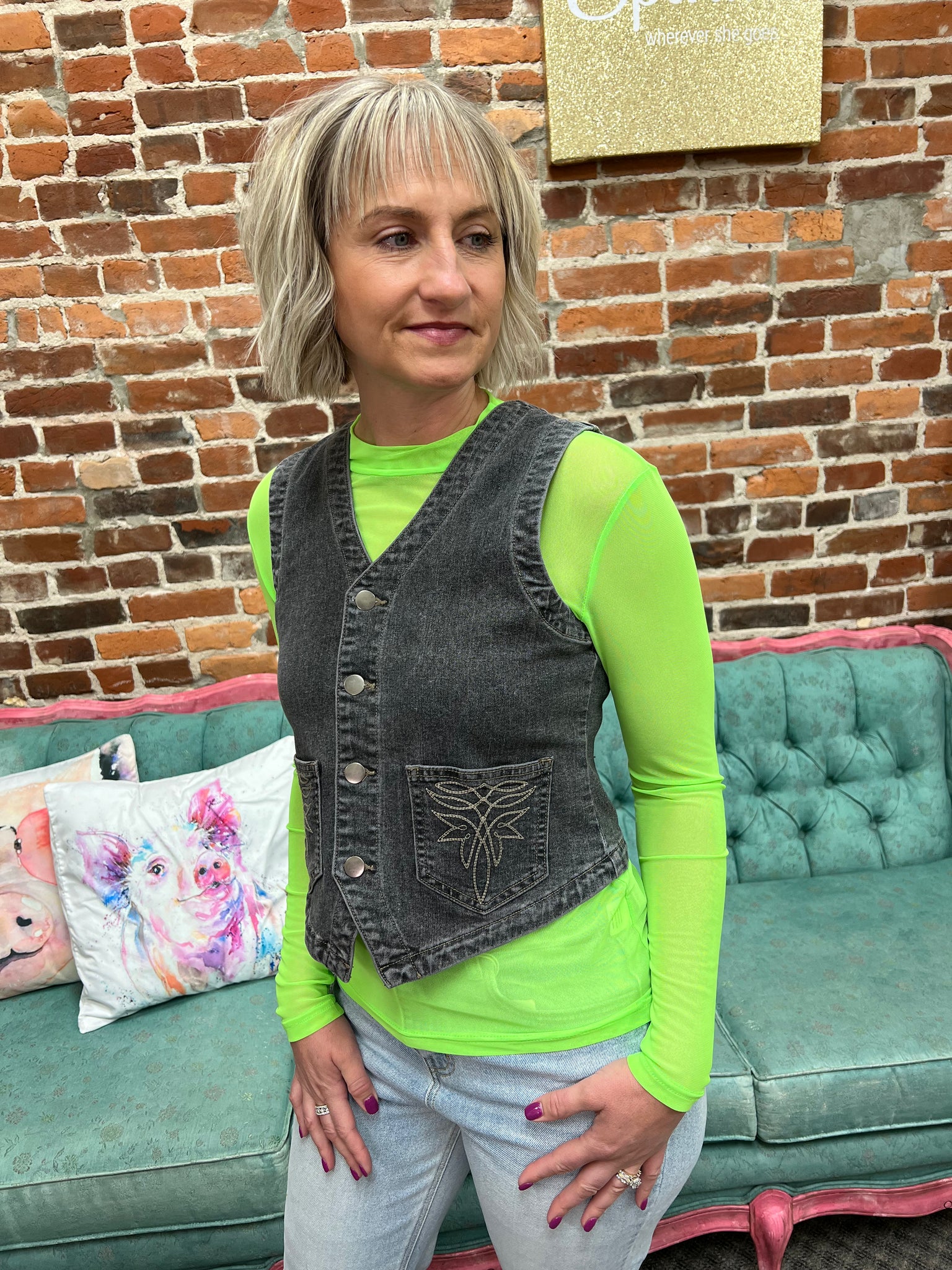 Ash Black Denim Vest w/ Boot Stitch Pockets