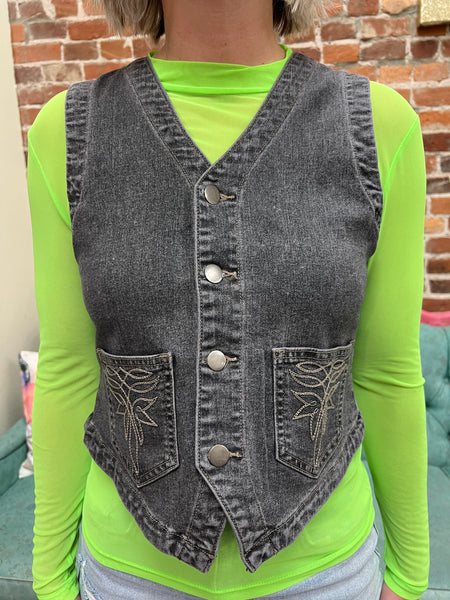 Ash Black Denim Vest w/ Boot Stitch Pockets