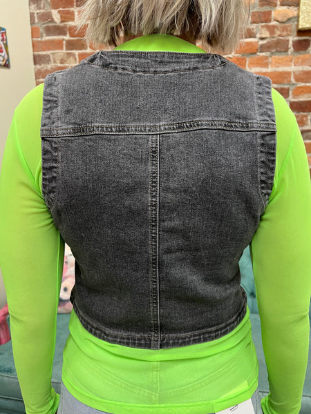 Ash Black Denim Vest w/ Boot Stitch Pockets