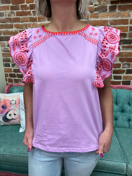 Lilac Rose SS Embroidered Sleeve Top