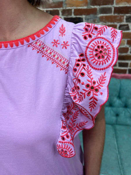 Lilac Rose SS Embroidered Sleeve Top