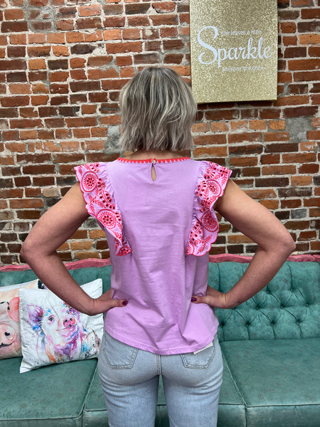Lilac Rose SS Embroidered Sleeve Top