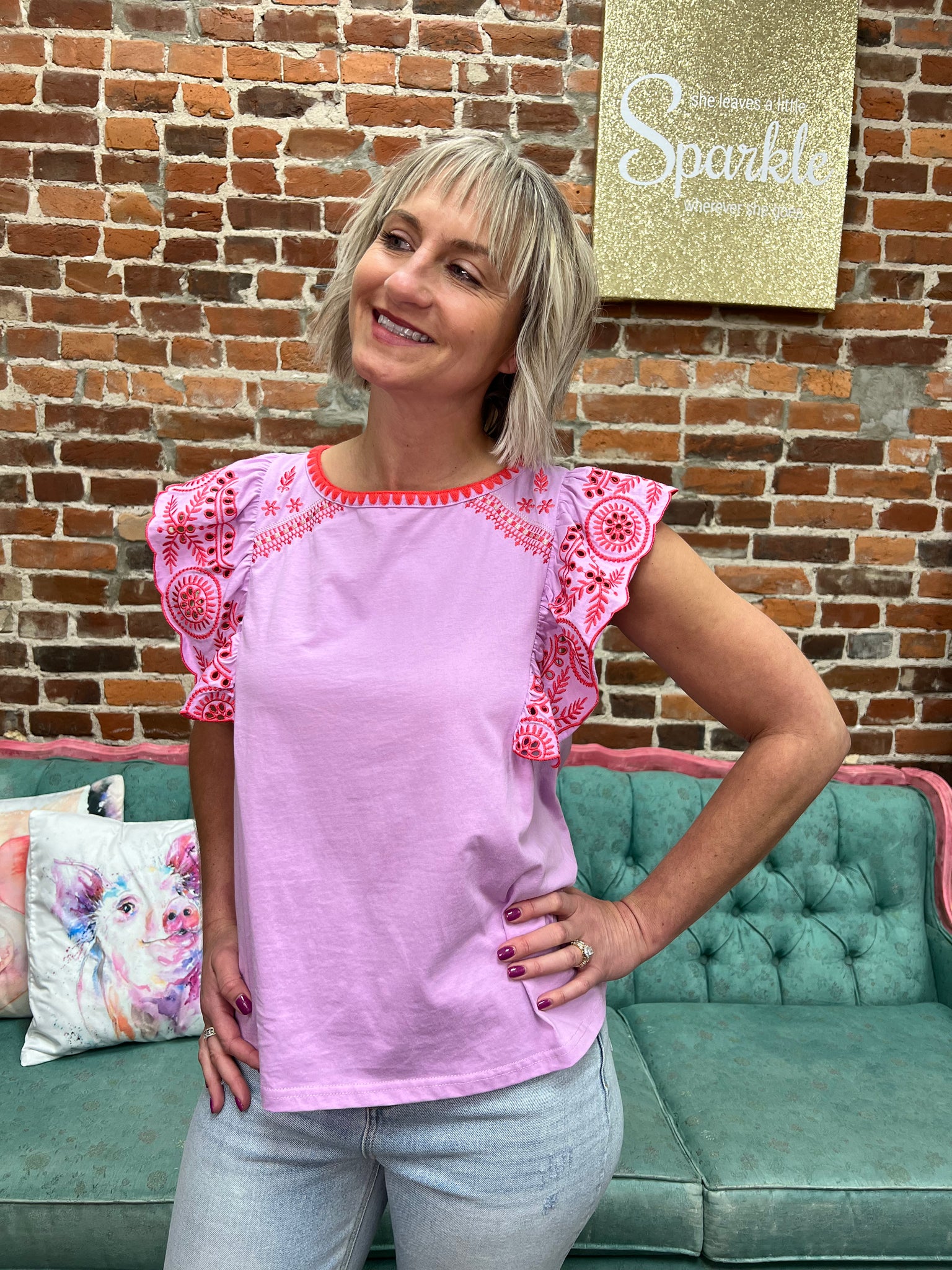 Lilac Rose SS Embroidered Sleeve Top
