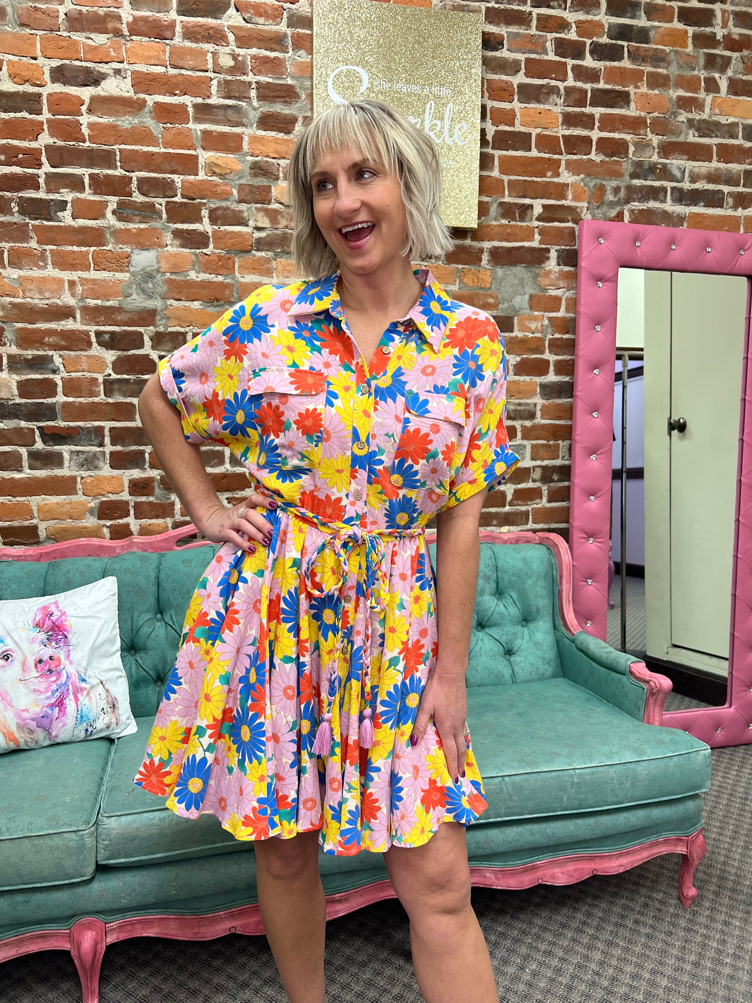 Multi Colored Floral Printed Dress w/ Braided Belt