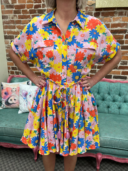 Multi Colored Floral Printed Dress w/ Braided Belt
