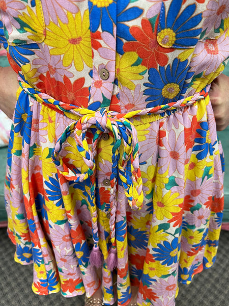 Multi Colored Floral Printed Dress w/ Braided Belt