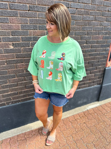 Apple Green Short Sleeve Boots Print Oversized Top Plus Size The Sparkly Pig tops