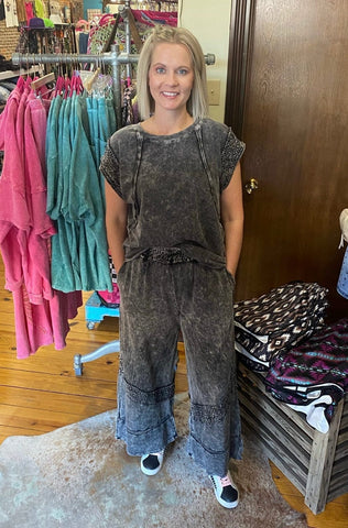 Ash Black Mineral Wash Wide Leg Pants w/ Trims The Sparkly Pig pants