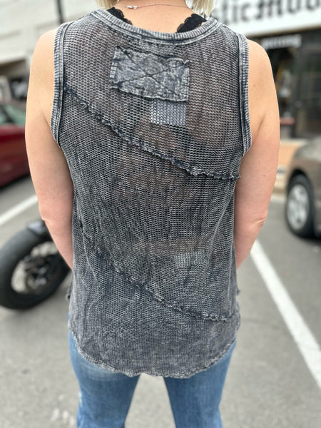 Ashed Black Mineral Wash Mesh Top Vacation Sleeveless The Sparkly Pig Tops