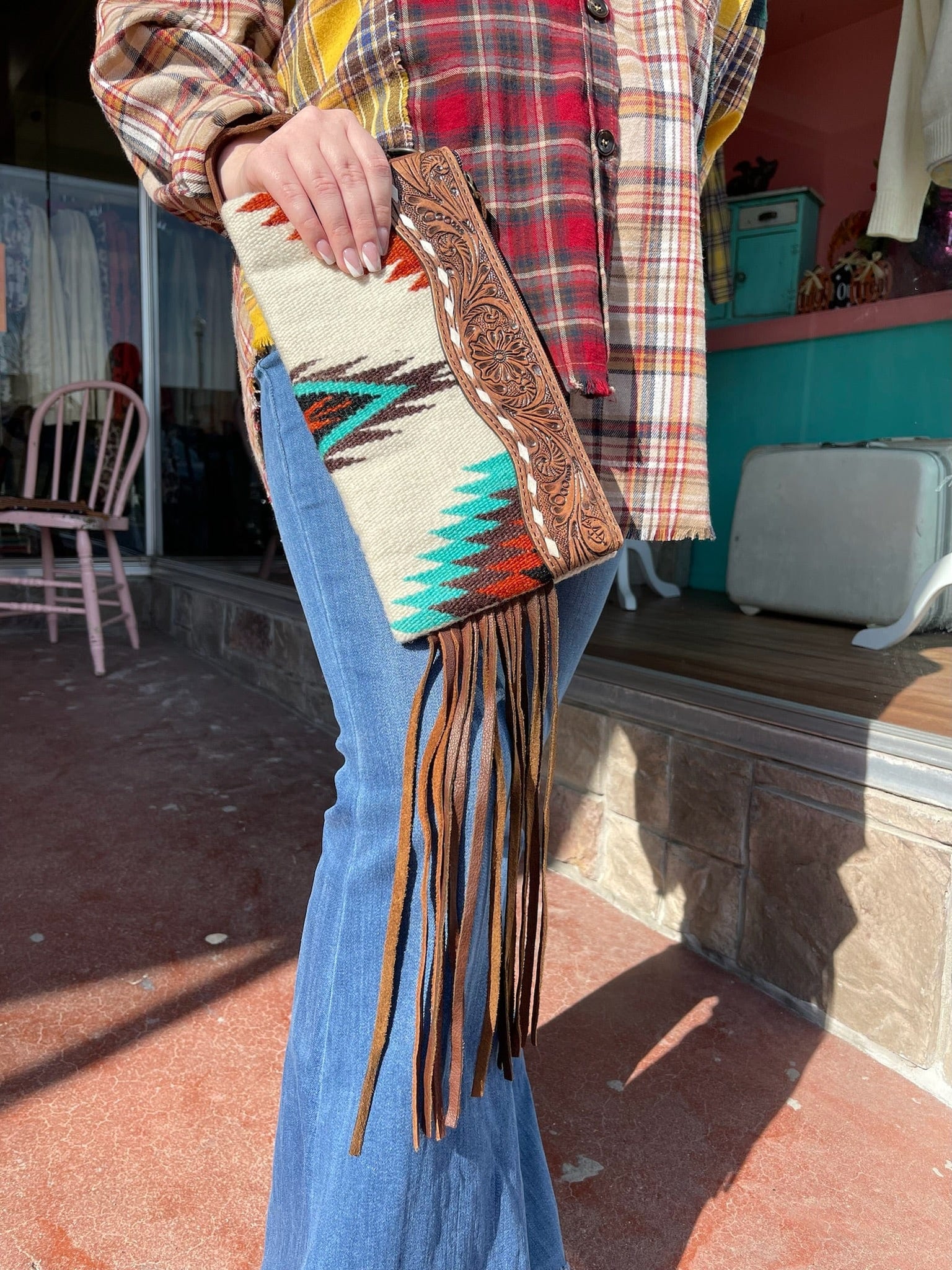 Aztec Saddle Blanket w/ Tooled Leather & Fringe Wristlet The Sparkly Pig
