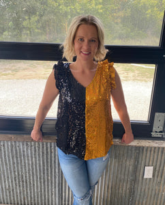 Black/Gold Game Day Color Block Sequin Ruffled Armhole Top The Sparkly Pig Tops