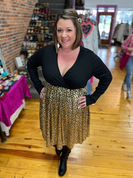 Black/Gold Sweater Hacci Long Sleeve Gold Foil Leopard Dress Plus Size The Sparkly Pig Dresses