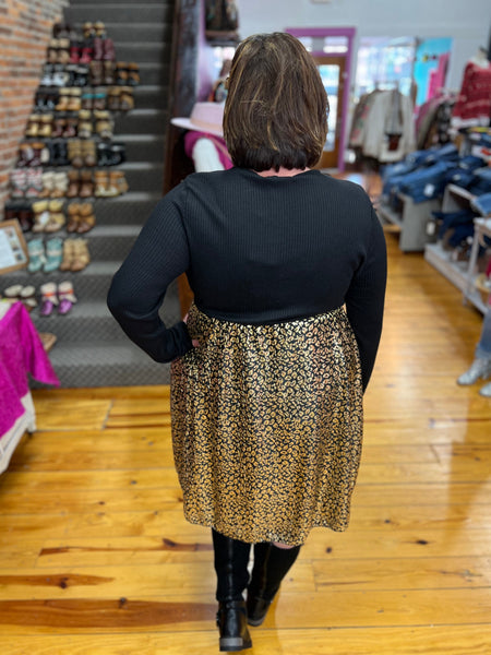 Black/Gold Sweater Hacci Long Sleeve Gold Foil Leopard Dress Plus Size The Sparkly Pig Dresses